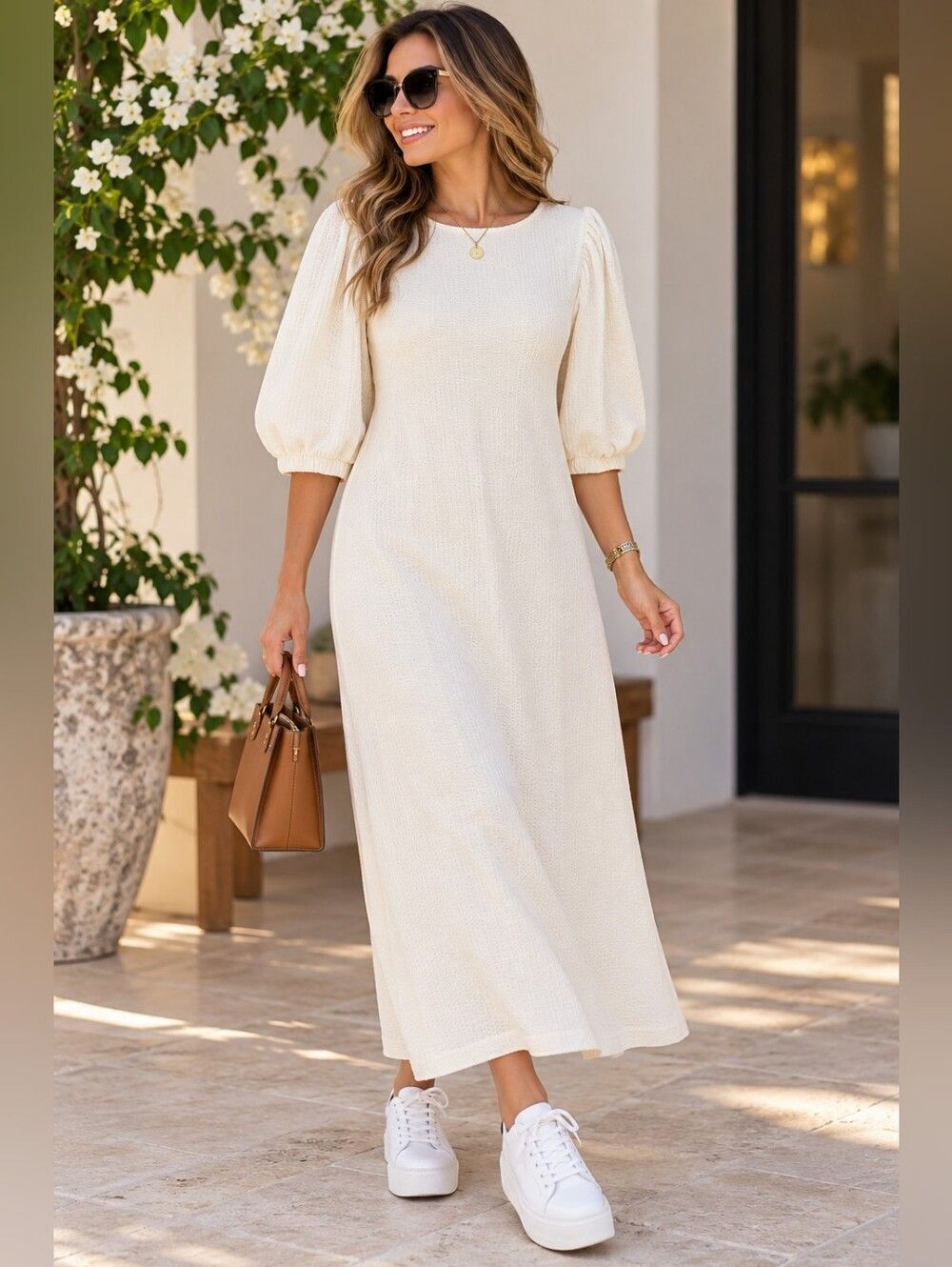 H&M Cream Textured Open Back Midi Dress – Size M
